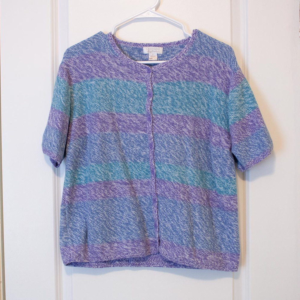 Kidcore VTG C&B Sweater Blue Purple Teal Stripe Knit Short Sleeve L Light Summer